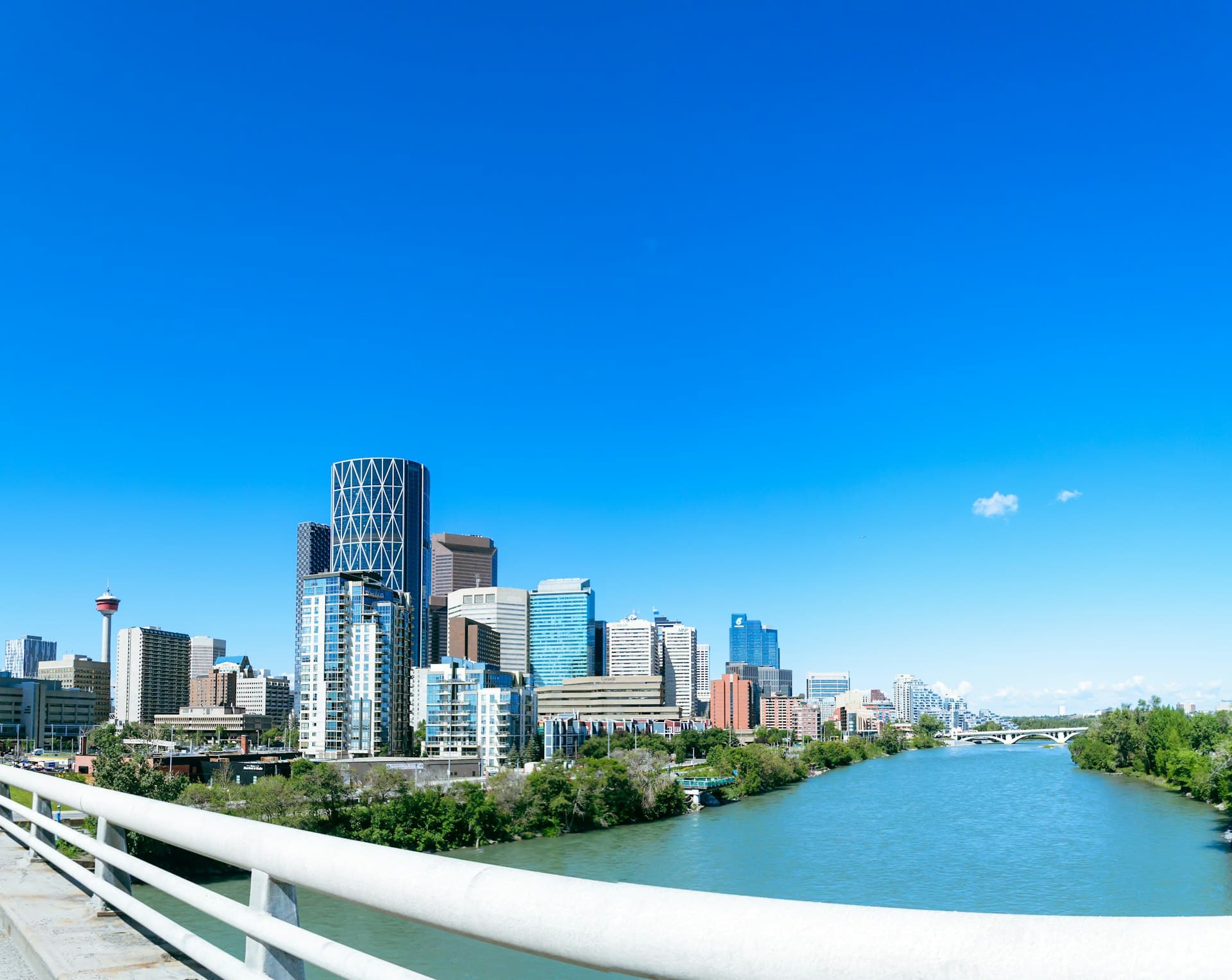 Calgary skyline, Calgary Tower, and Bow River
